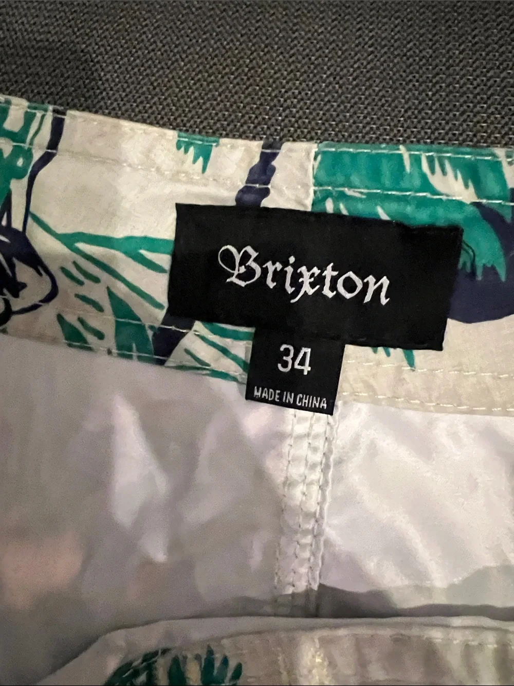 Brixton Cream Swim Shorts with Teal Palm Print and Navy Trim